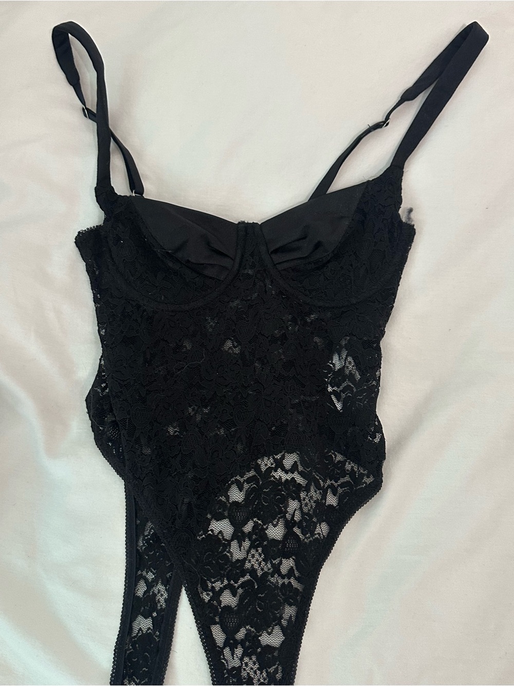 Black Lace Bodysuit Thong with Underwire Cups - Women Intimates
